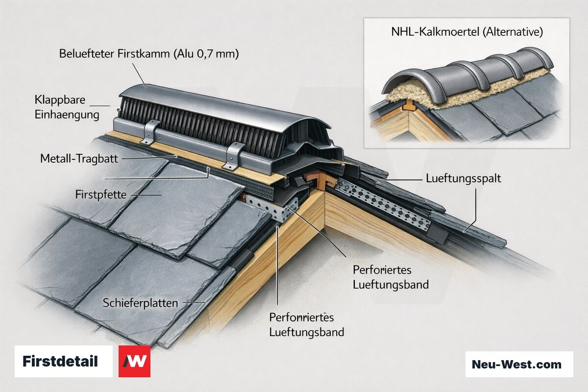 Querschnitt eines Schieferdach-Firsts mit belüftetem Aluminium-Firstkamm, klappbarer Einhängung, Lüftungsspalt und NHL-Kalkmörtel als Alternative.