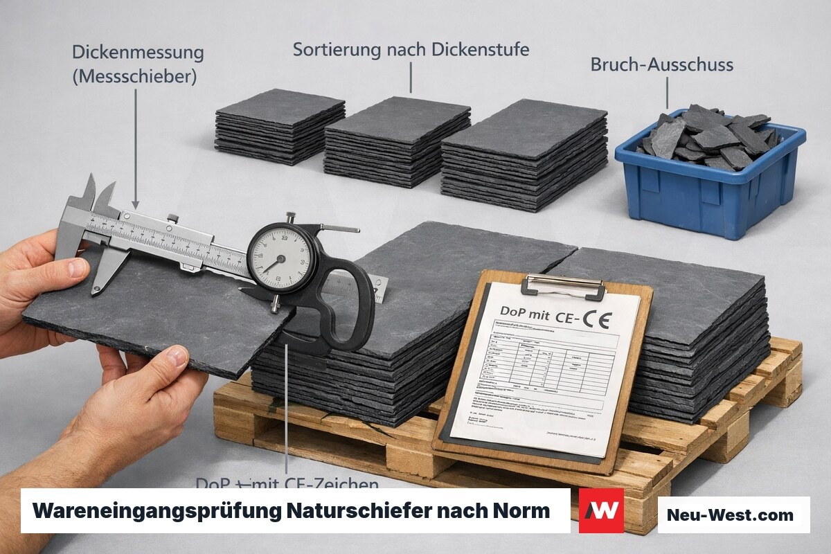 Erklär-Illustration der Schiefer-Abnahme: Dickenmessung mit Messschieber, Sortierung nach Dickenstufen, DoP mit CE-Zeichen und Bruch-Ausschussbin.