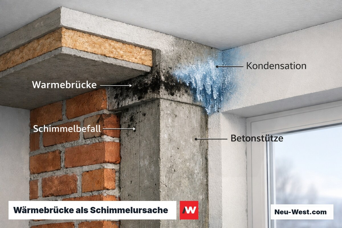 Schnittdarstellung einer Gebäudeecke mit einbetonierter Stütze, an der Kondensation und Schimmel entstehen