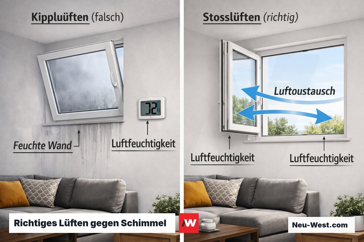 Vergleich zwischen Kipplüften mit Kondensation und effektivem Stoßlüften mit Frischluftaustausch