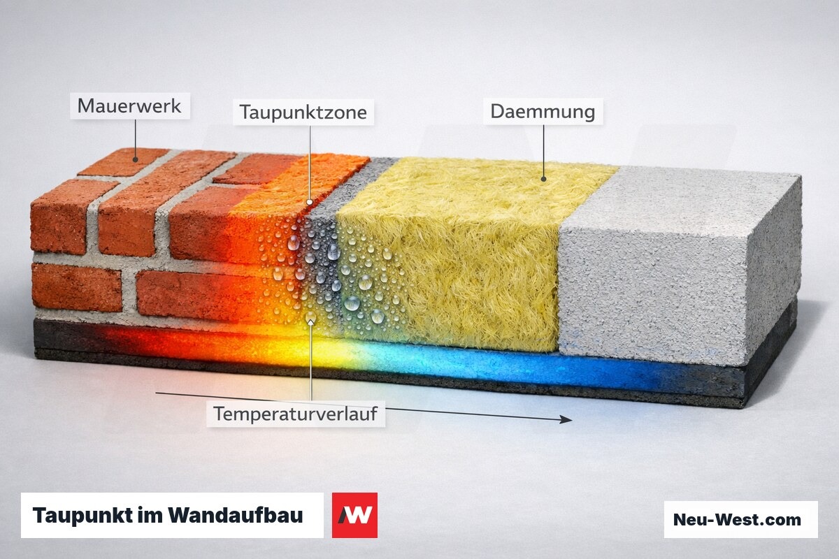Querschnitt einer Außenwand mit Temperaturverlauf und Taupunktzone, wo Feuchtigkeit kondensiert