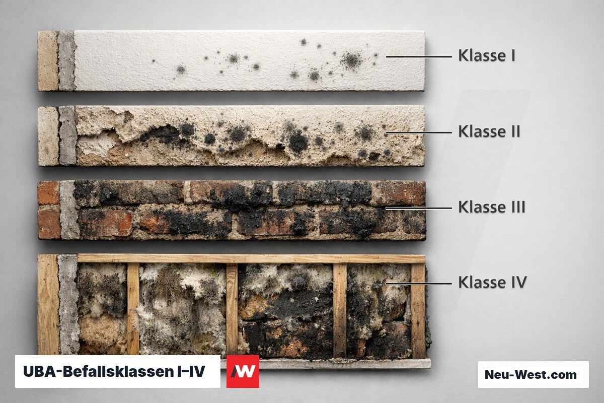 UBA-Befallsklassen I–IV: Flächenausdehnung, Materialtiefe und Sanierungsstrategie – Erklär-Grafik (NEUWEST Berlin)
