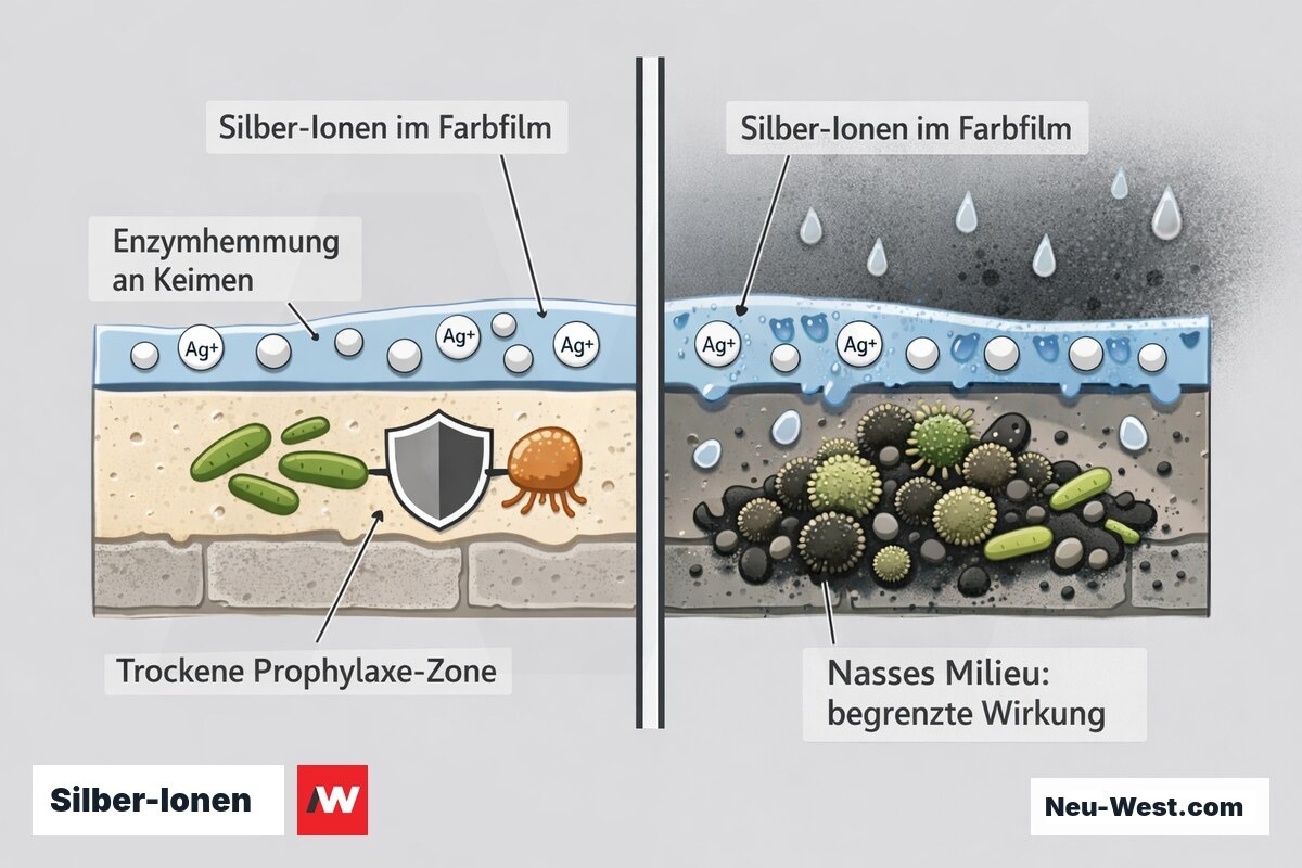 Wandquerschnitt: Silber-Ionen in Schimmelschutzfarbe hemmen Keime auf trockener Fläche, versagen aber bei nassem Untergrund mit hoher Sporenlast.
