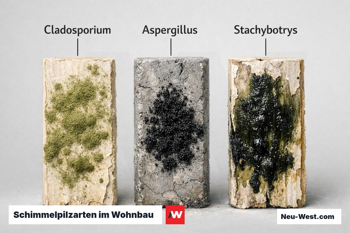 Schimmelpilzarten im Wohnbau: Substrat, Farbe und Gesundheitsrisiko – Erklär-Grafik (NEUWEST Berlin)