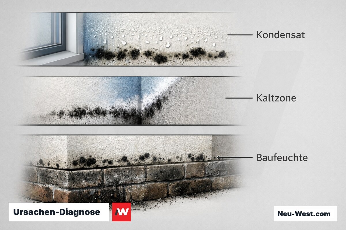 Ursachen-Diagnose: Kondensat, Kaltzone und Baufeuchte im Vergleich – Erklär-Grafik (NEUWEST Berlin)