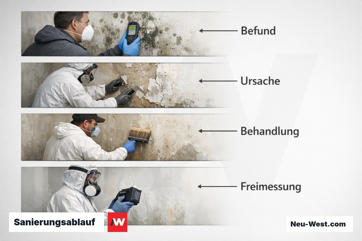 Sanierungsablauf: Von der Befundaufnahme bis zur Freimessung – Erklär-Grafik (NEUWEST Berlin)