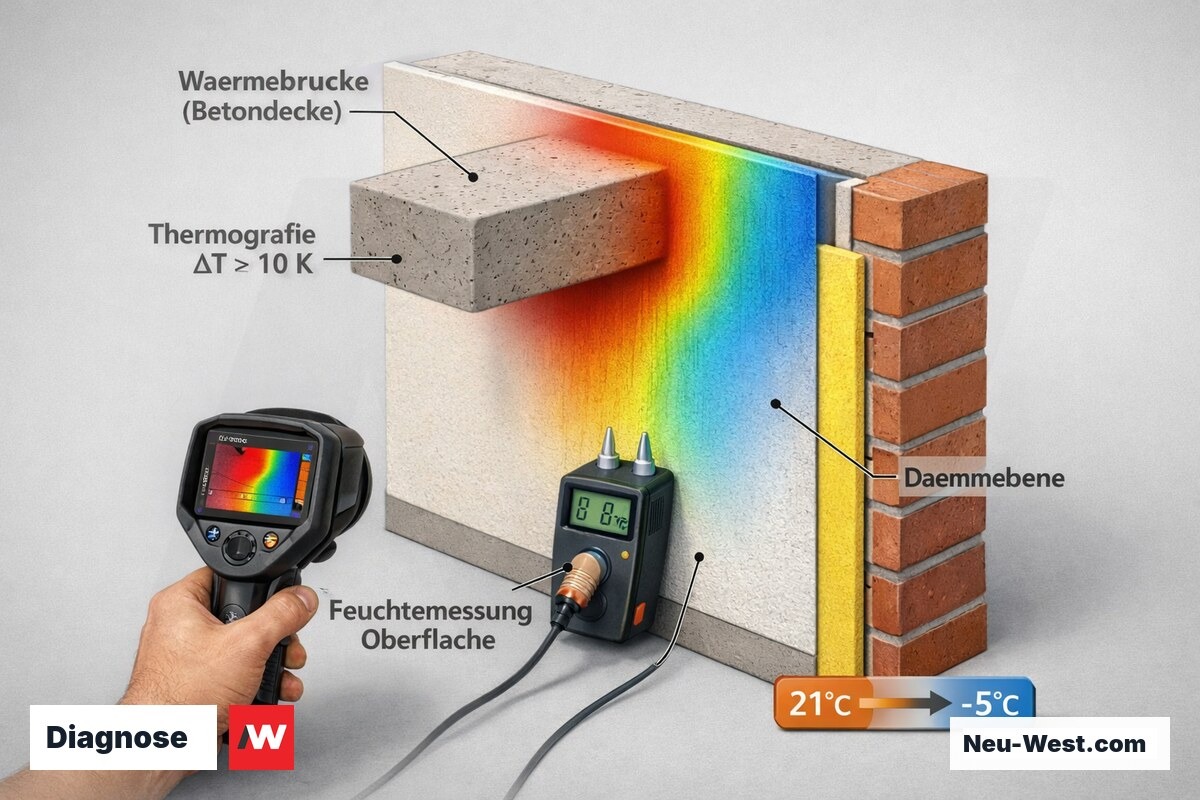 Wandquerschnitt mit Wärmebrücke, Thermografie-Farbverlauf und Feuchtemessung zur Ursachendiagnose von Schimmelbefall vor der Sanierung.
