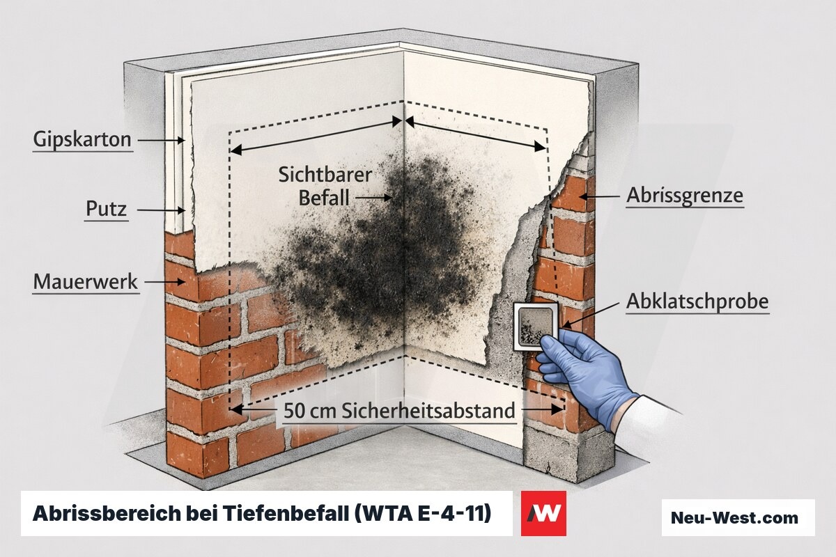 Wandquerschnitt mit tiefem Schimmelbefall, 50 cm Sicherheitsabstand, Abrissgrenze und Abklatschprobe zur Bestimmung des Sanierungsbereichs.