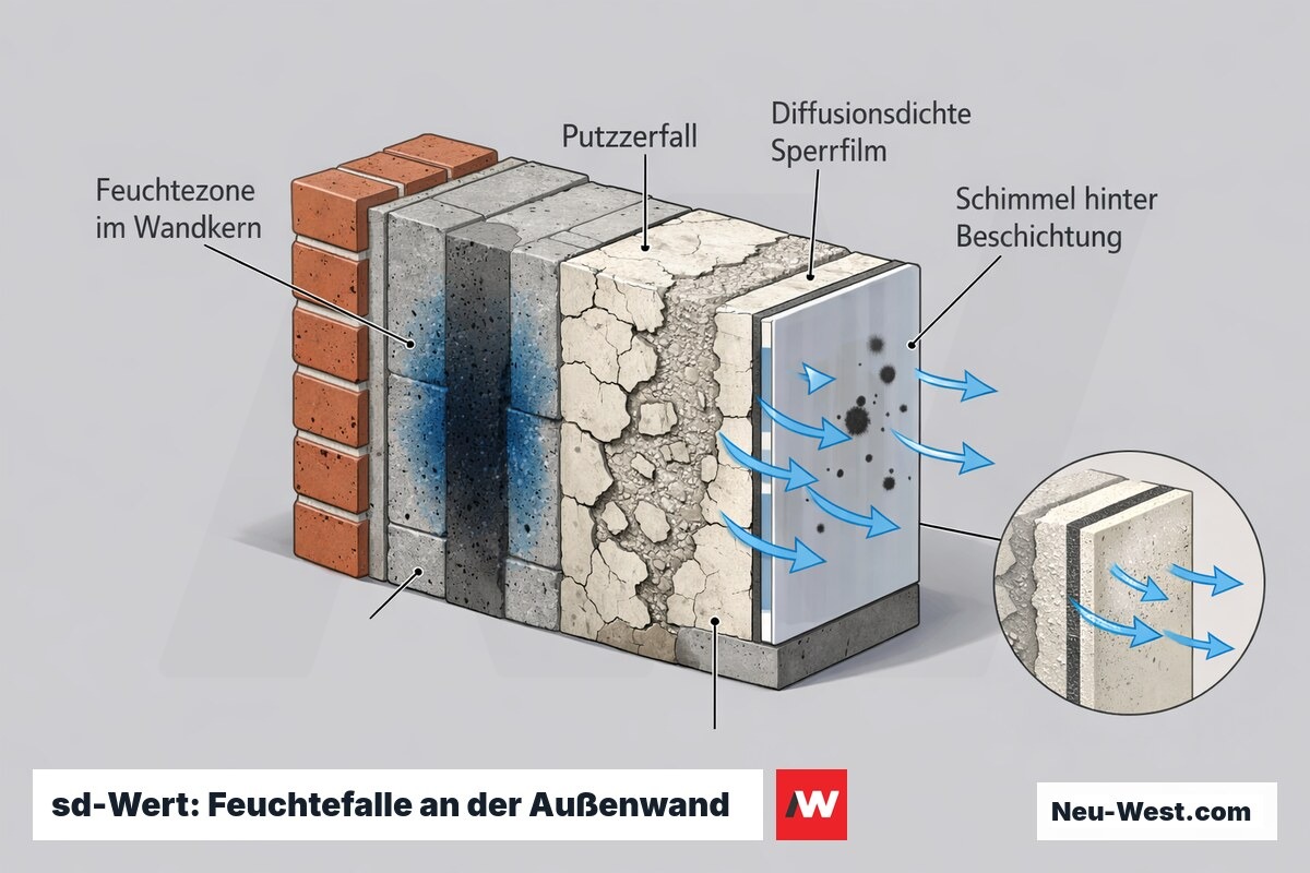 Wandquerschnitt: diffusionsdichte Innenbeschichtung staut Tauwasser im Wandkern, Putzzerfall und Schimmel hinter der Sperrschicht.