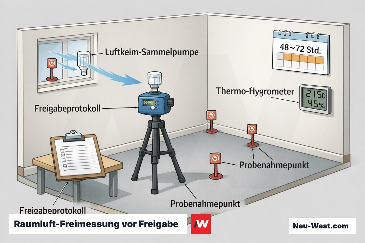 Querschnitt eines Raums mit Luftkeim-Sammelpumpe, Freigabeprotokoll, Thermo-Hygrometer und markierten Probenahmepunkten zur Raumluft-Freimessung.