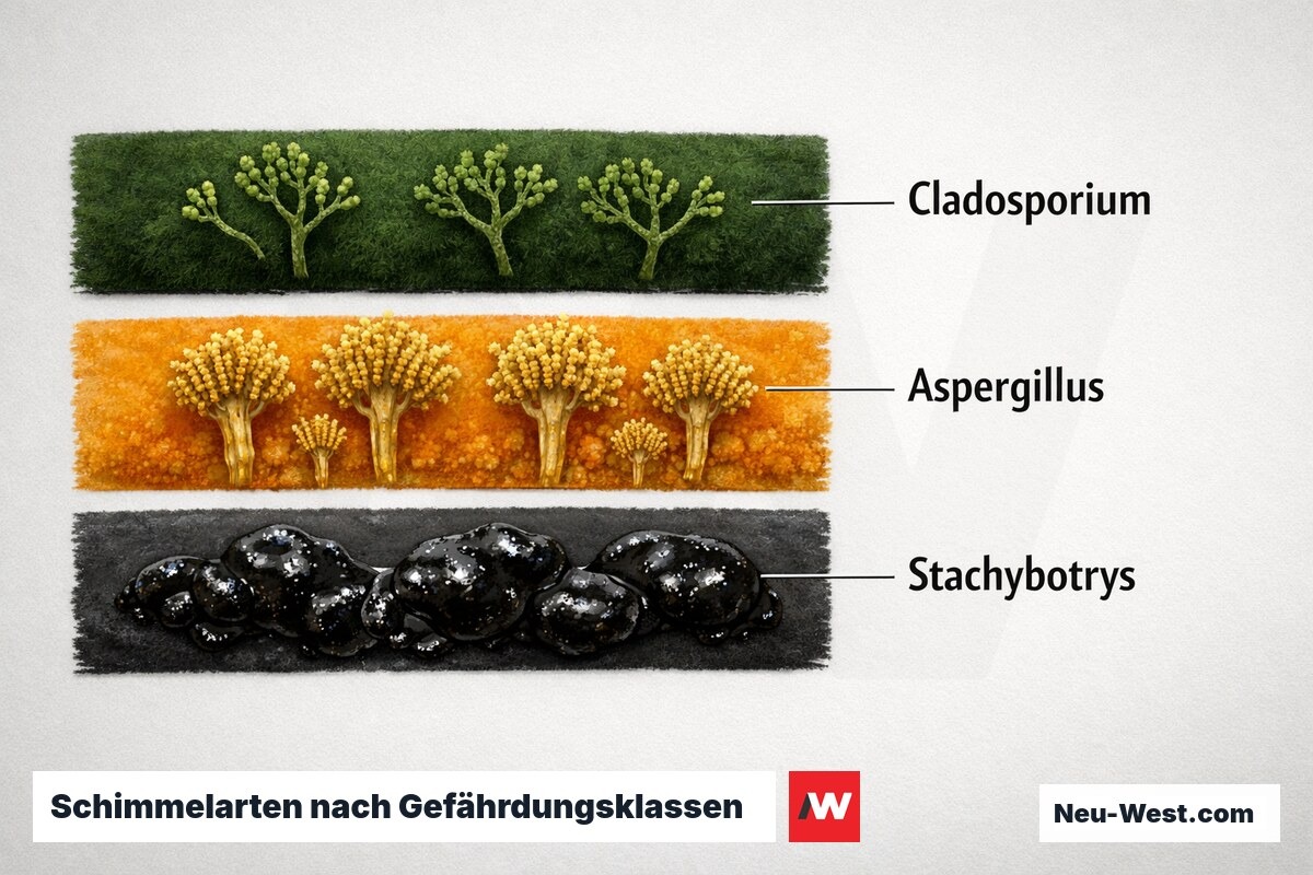 Schimmelarten nach Gefährdungsklassen (UBA-Leitfaden) – Erklär-Grafik (NEUWEST Berlin)