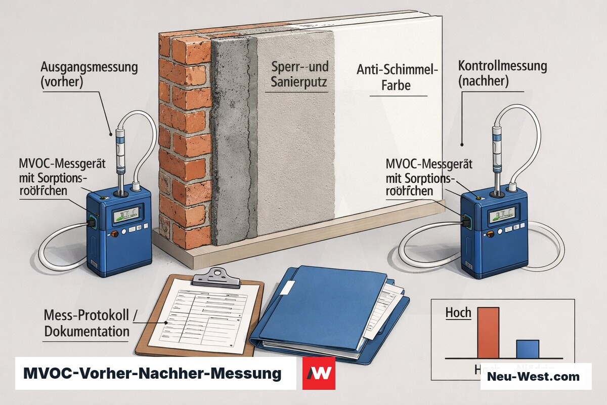 Querschnitt einer sanierten Wand mit MVOC-Messgeräten für Ausgangs- und Kontrollmessung, Protokoll und Vorher-Nachher-Konzentrationsdiagramm.