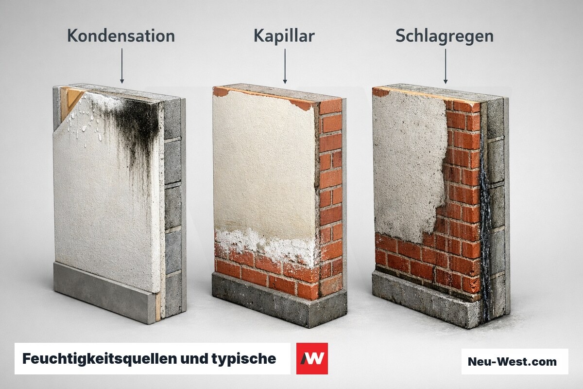 Feuchtigkeitsquellen und typische Schadensbilder im Vergleich – Erklär-Grafik (NEUWEST Berlin)