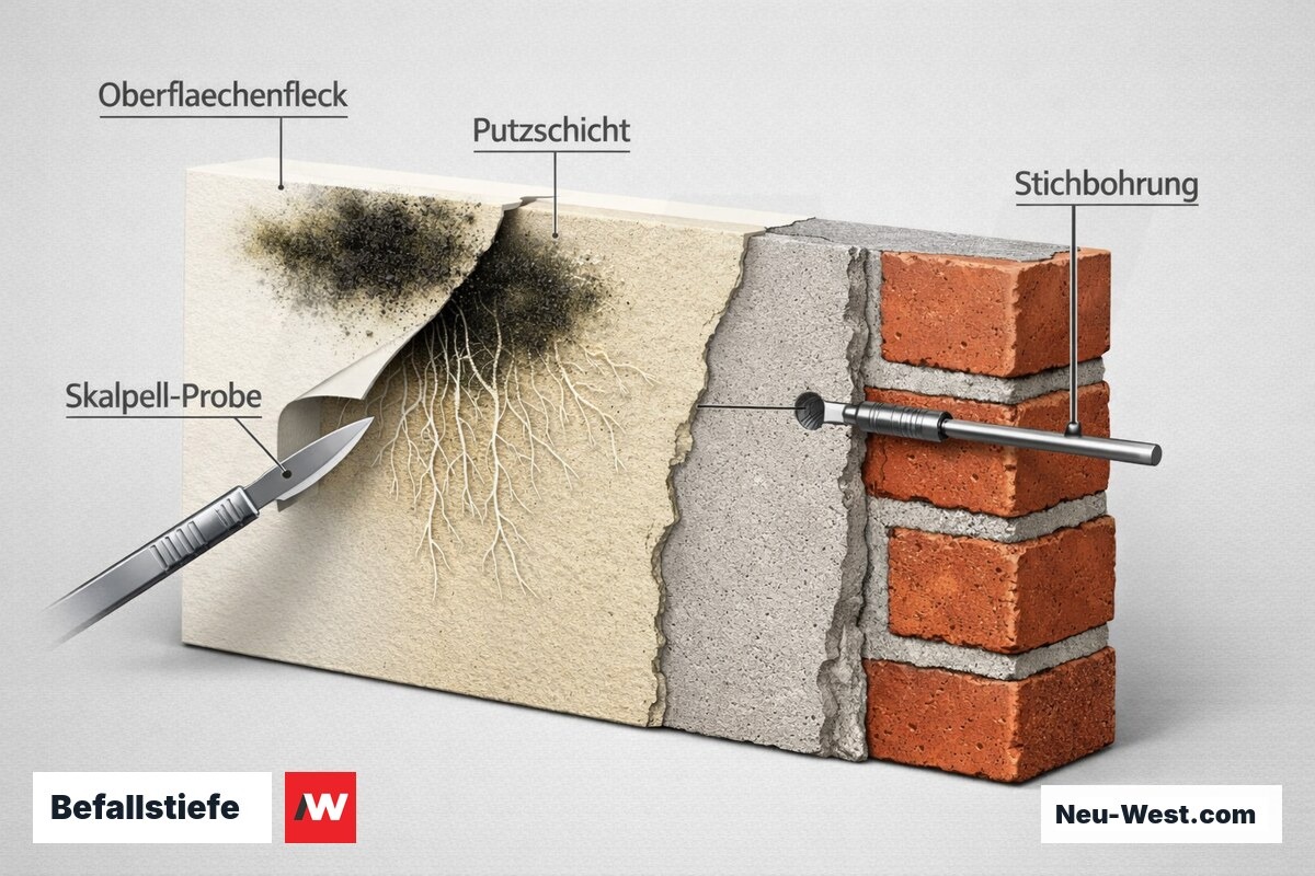 Wand-Querschnitt zeigt Schimmel-Oberflächenfleck und tiefere Durchdringung ins Putz und Mauerwerk, mit Skalpell- und Stichbohrungs-Beprobung.
