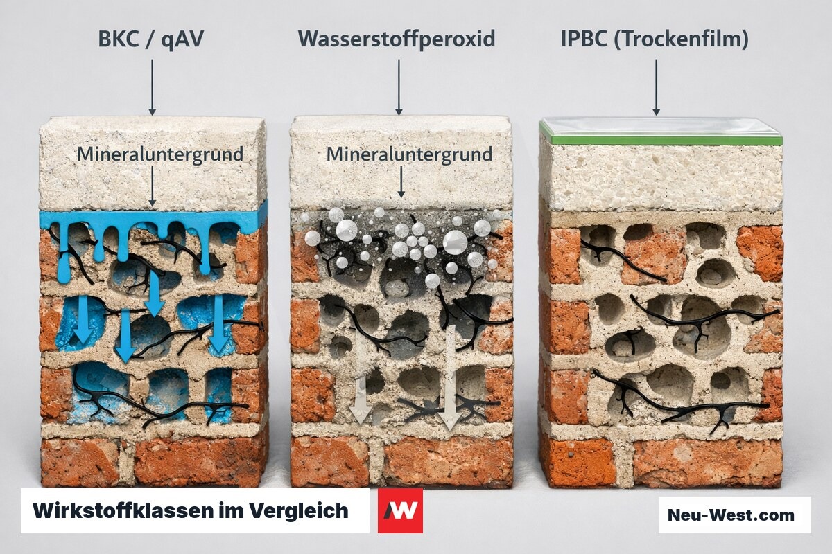 Vergleichsquerschnitt dreier chlorfreier Vorbehandlungen im Mauerwerk: qAV dringt tief ein, H₂O₂ zersetzt oberflaechennah, IPBC nur als Trockenfilm.