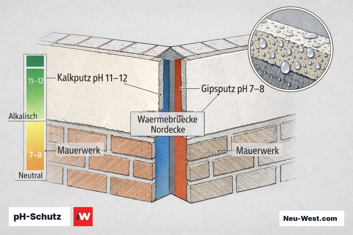 Bauteil-Querschnitt einer Nordecke mit Wärmebrücke: Kalkputz (pH 11–12) und Gipsputz (pH 7–8) im Vergleich als basischer Schimmelschutz auf Mauerwerk.