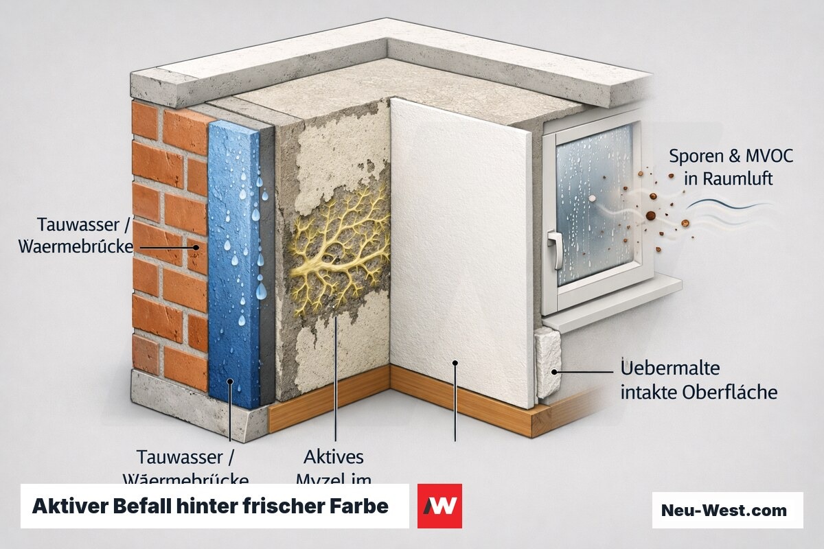 Wandquerschnitt: aktives Schimmelmyzel hinter übermalter Oberfläche setzt durch Tauwasser weiter Sporen und MVOCs in die Raumluft frei.