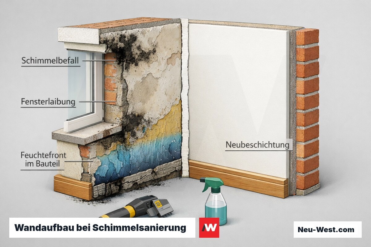 Querschnitt einer Innenwand mit Schimmelbefall, Feuchtefront in der Dämmung, befallener Fensterlaibung und sanierter neu beschichteter Wandfläche.