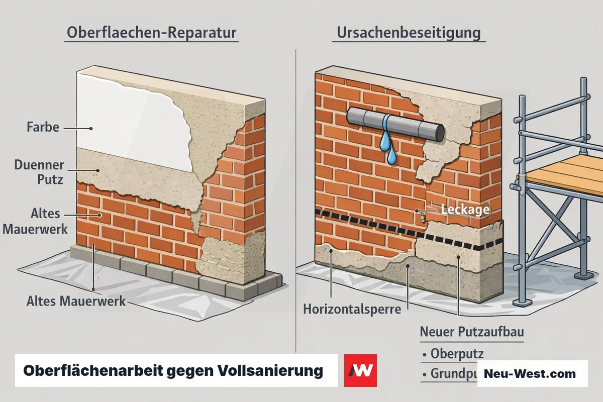 Querschnitt einer Wand mit oberflächlicher Reparatur links und tiefer Sanierung mit Ursachenbeseitigung und Horizontalsperre rechts.