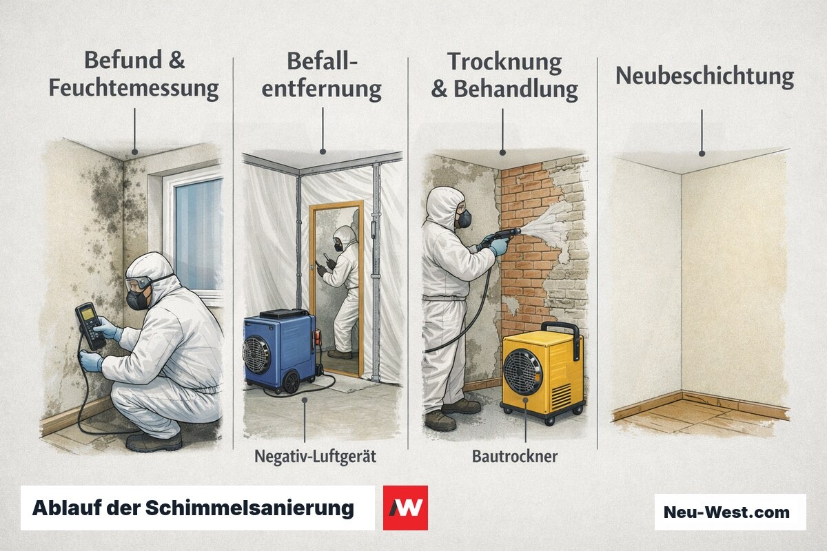 Prozess-Sequenz der Schimmelsanierung: Feuchtemessung, Entfernung des Befalls, Trocknung und Behandlung, abschließende Neubeschichtung der Wand.
