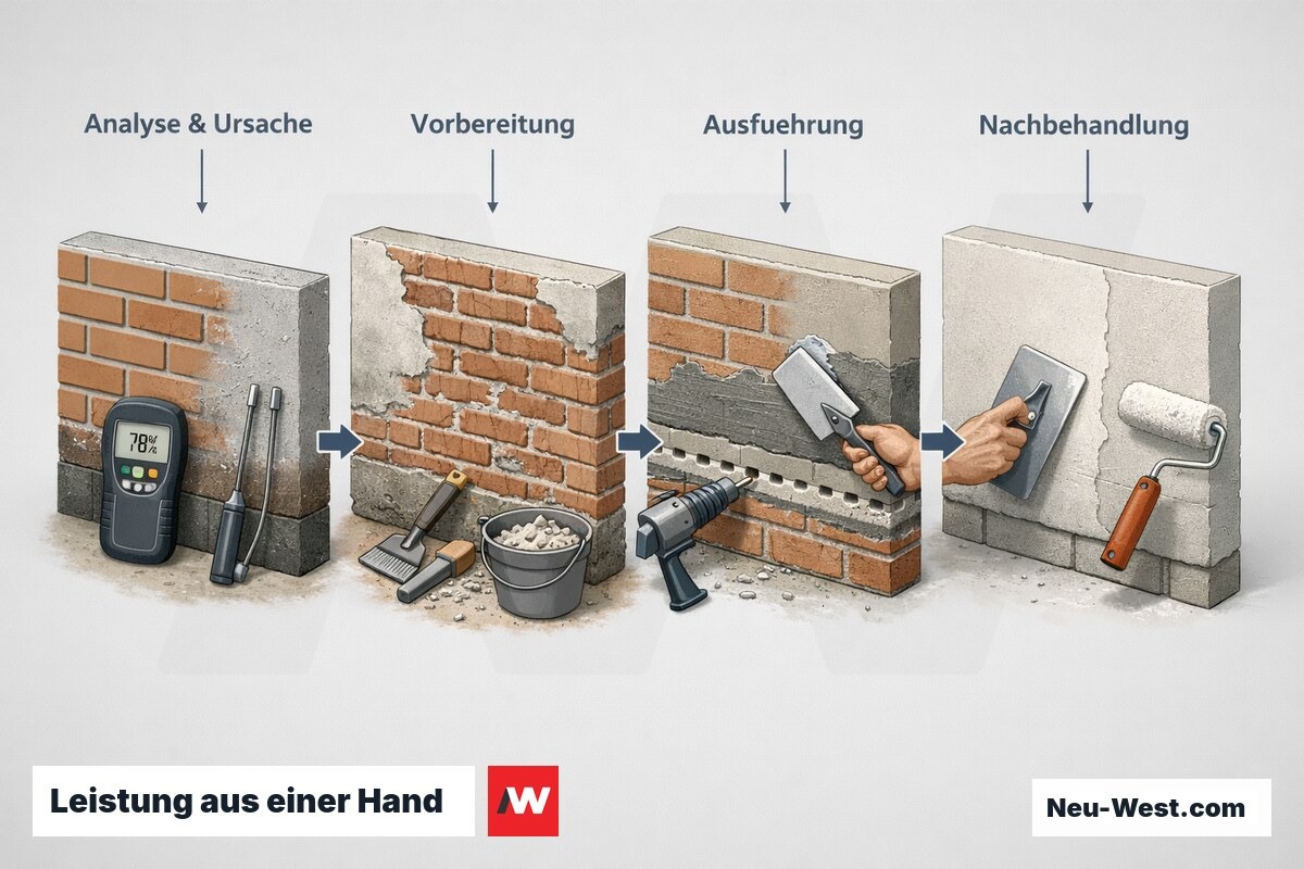 Prozess-Sequenz einer Wandsanierung in vier Schritten: Ursachenanalyse, Vorbereitung, Ausführung mit Horizontalsperre und Nachbehandlung mit Sanierputz.