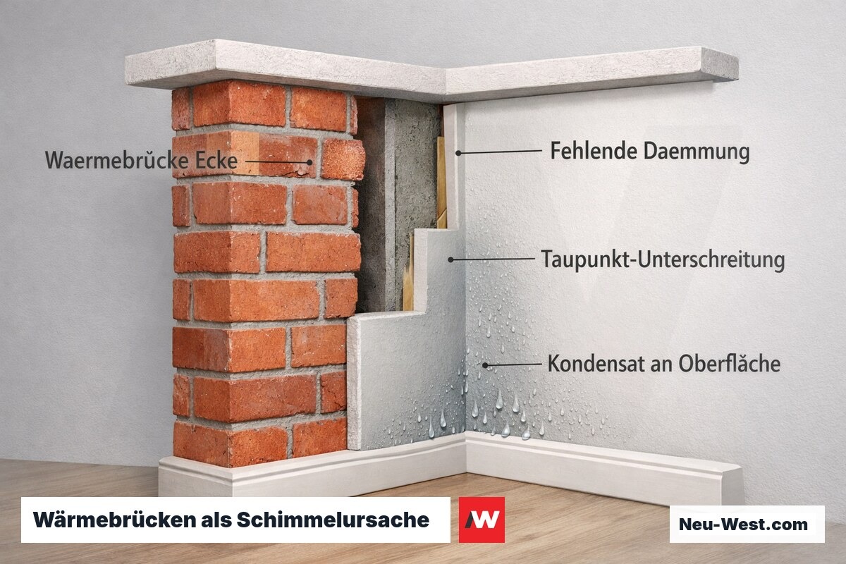 Wandquerschnitt zeigt Wärmebrücke in Raumecke mit Kondensatbildung an ungedämmter Außenwand als Schimmelursache