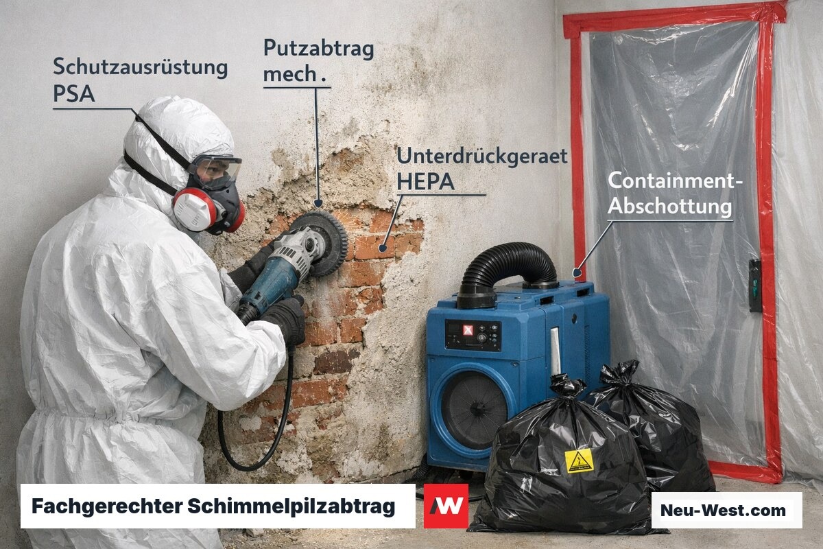 Fachbetrieb in Schutzkleidung trägt befallenen Putz mechanisch ab, HEPA-Gerät und Containment sichern den Sanierungsbereich