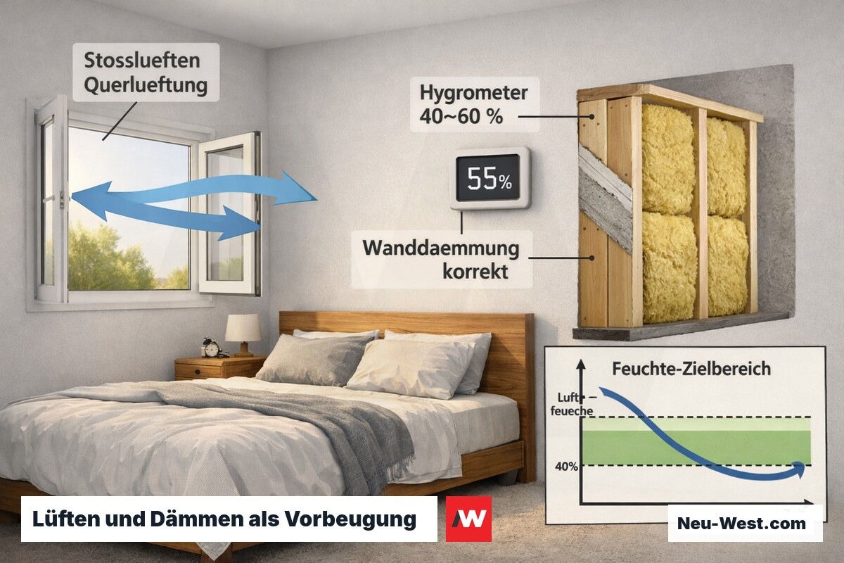 Schlafzimmer mit geöffneten Fenstern zur Querlüftung, Hygrometer und Wanddämmungsquerschnitt zeigen wirksame Schimmelvorbeugung
