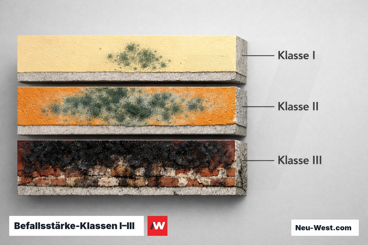 Befallsstärke-Klassen I–III nach WTA-Merkblatt 4-12 – Erklär-Grafik (NEUWEST Berlin)