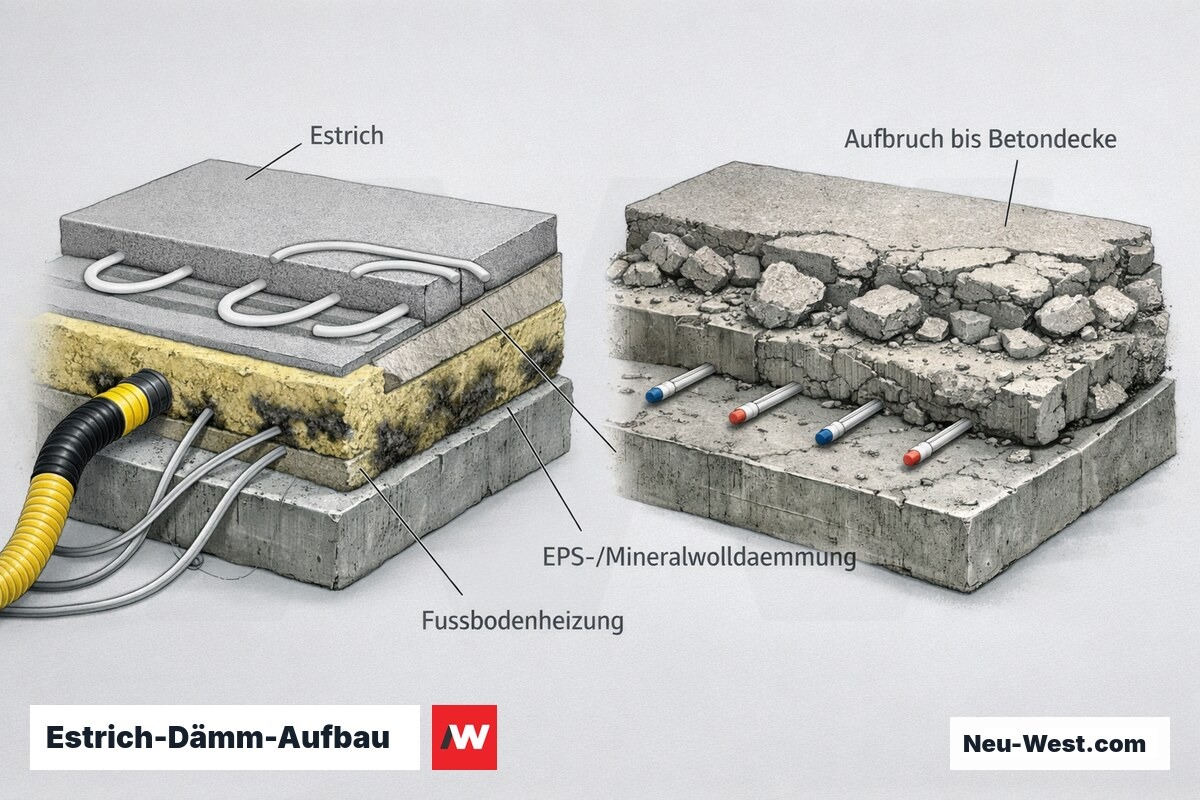 Querschnitt eines Fußbodenaufbaus mit befallener Dämmschicht: links Schlitz- und Überdrucktrocknung, rechts vollständiger Aufbruch bis zur Betondecke mit gesicherter Fußbodenheizung.