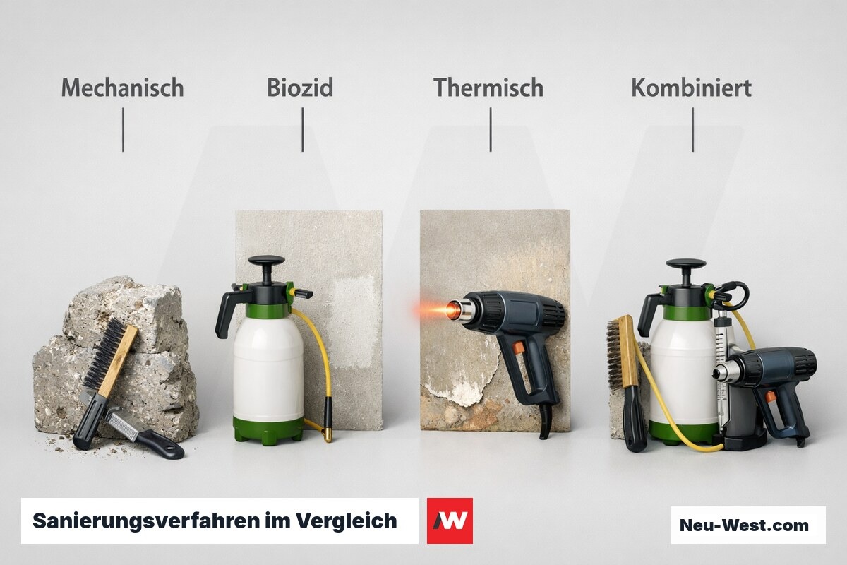 Sanierungsverfahren im Vergleich: Mechanisch, Biozid, Thermisch, Kombiniert – Erklär-Grafik (NEUWEST Berlin)