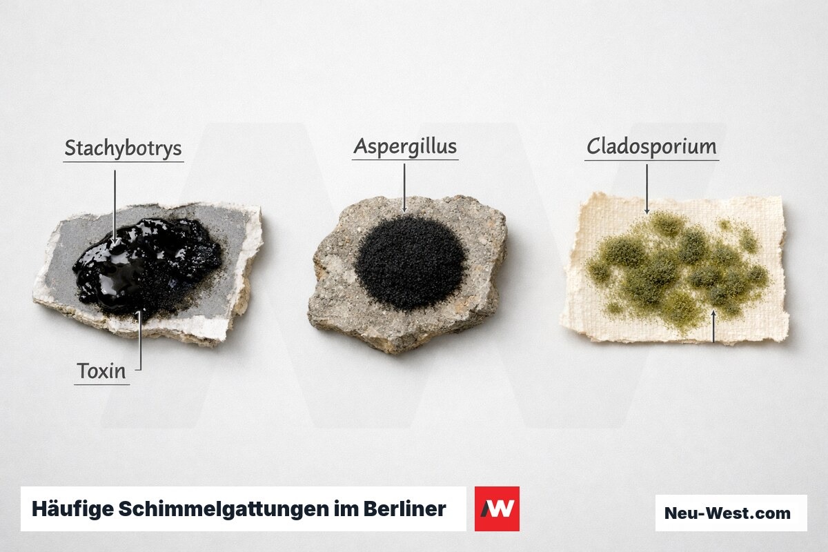 Häufige Schimmelgattungen im Berliner Innenraum: Erkennungsmerkmale und Toxizität – Erklär-Grafik (NEUWEST Berlin)