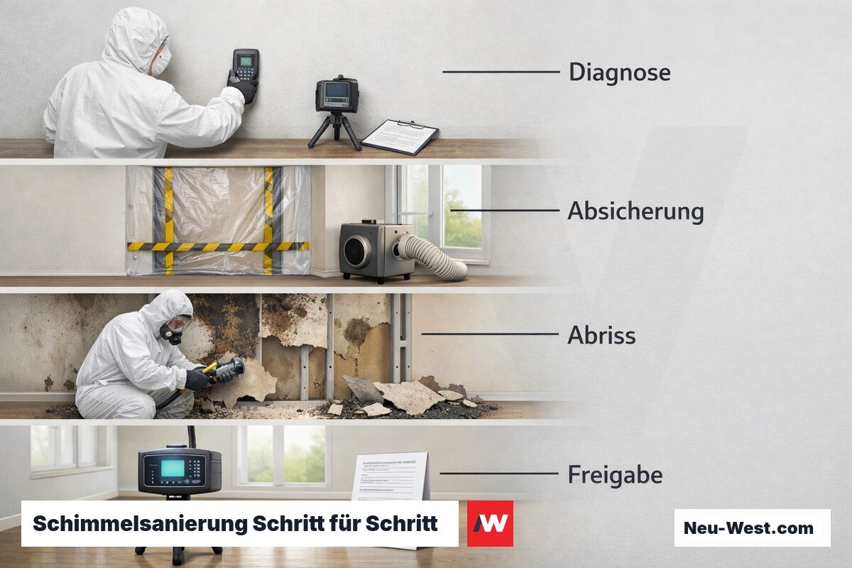 Schimmelsanierung Schritt für Schritt: Von der Diagnose bis zur Freigabemessung – Erklär-Grafik (NEUWEST Berlin)