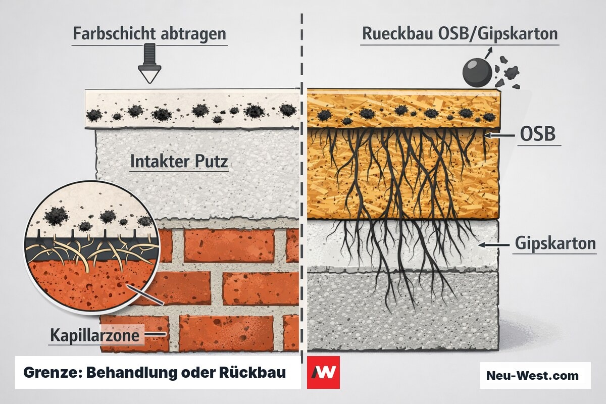 Wandquerschnitt: links oberflächlicher Schimmel auf Farbe über intaktem Putz, rechts tief durchwuchertes OSB und Gipskarton als Rückbau-Fall.
