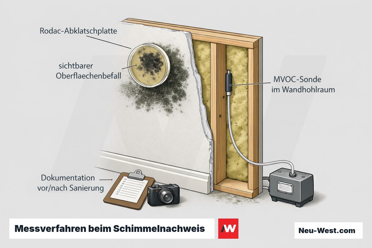 Wandquerschnitt mit Rodac-Abklatschplatte auf sichtbarem Befall, MVOC-Sonde im Wandhohlraum und Dokumentation der Probenahme vor und nach der Sanierung.