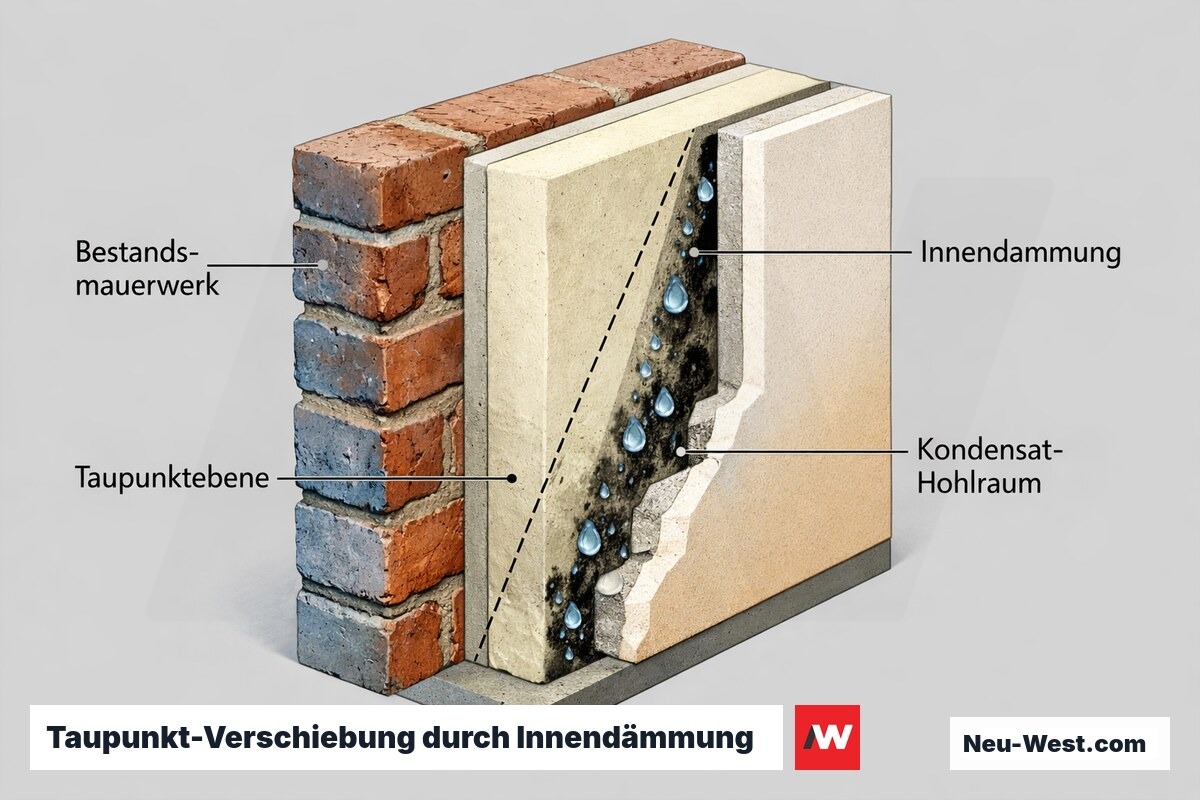 Wandquerschnitt: Innendämmung verschiebt Taupunkt ins Mauerwerk, Kondensat und Schimmel im verdeckten Hohlraum hinter der Dämmung ohne Dampfbremse.