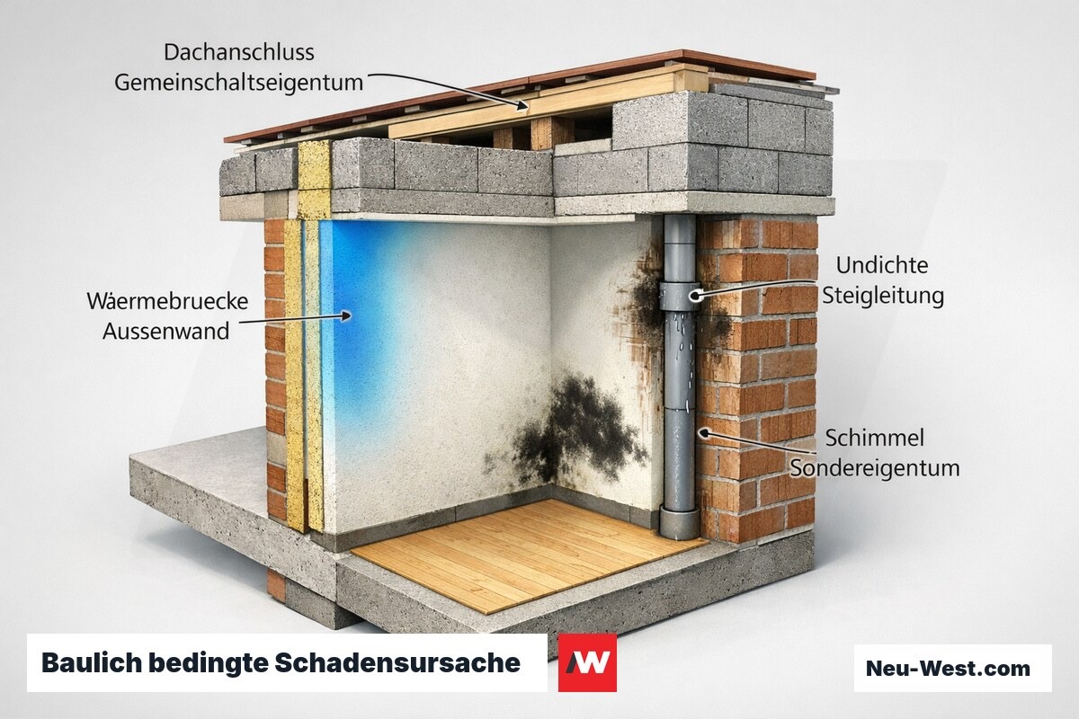 Gebäude-Querschnitt: Wärmebrücke an Außenwand, undichte Steigleitung und Schimmel im Sondereigentum als baulich bedingte Ursachen.