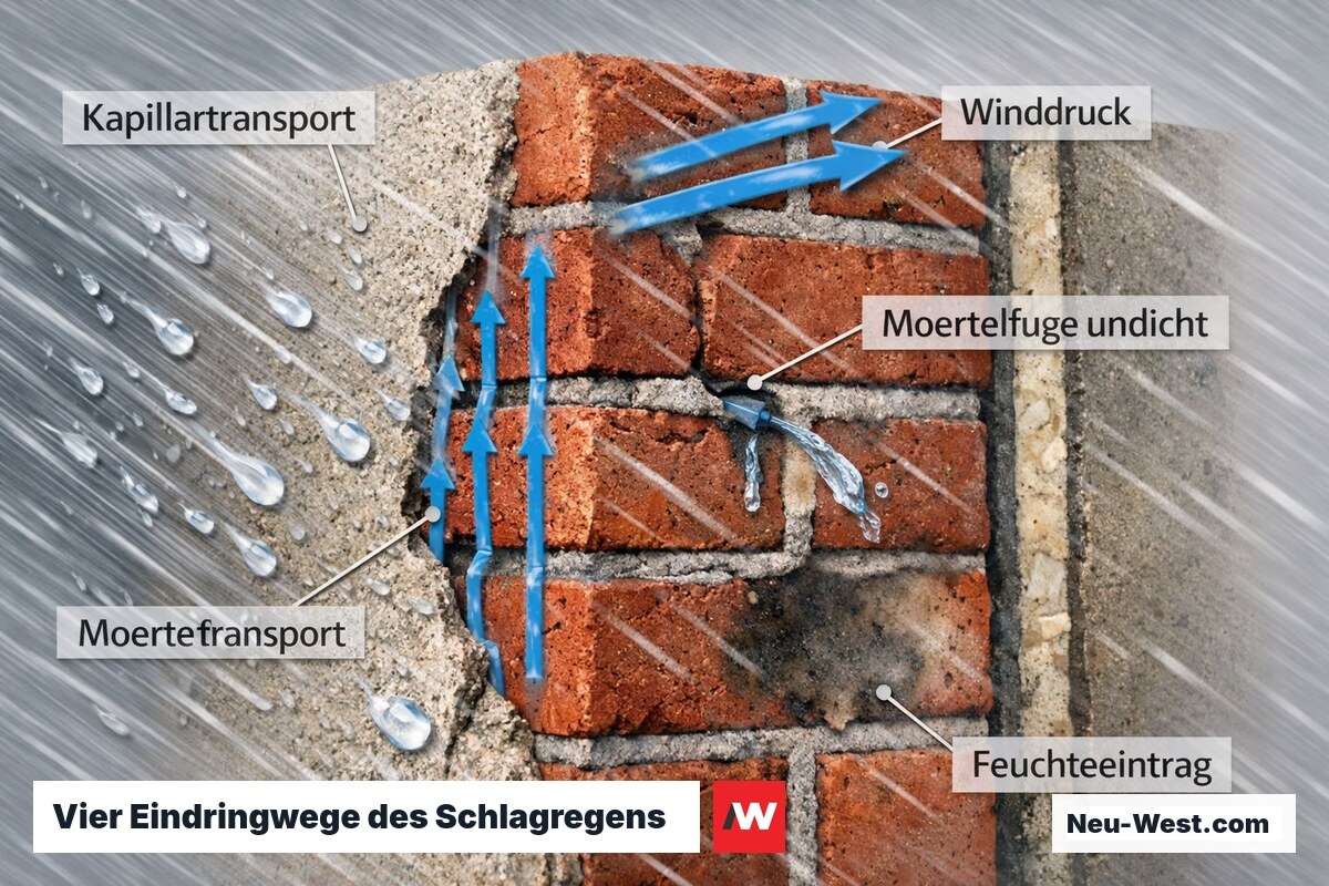 Querschnitt Außenwand mit wind-getriebenem Regen, Kapillarkanälen im Ziegel und Feuchteeintrag durch undichte Mörtelfuge