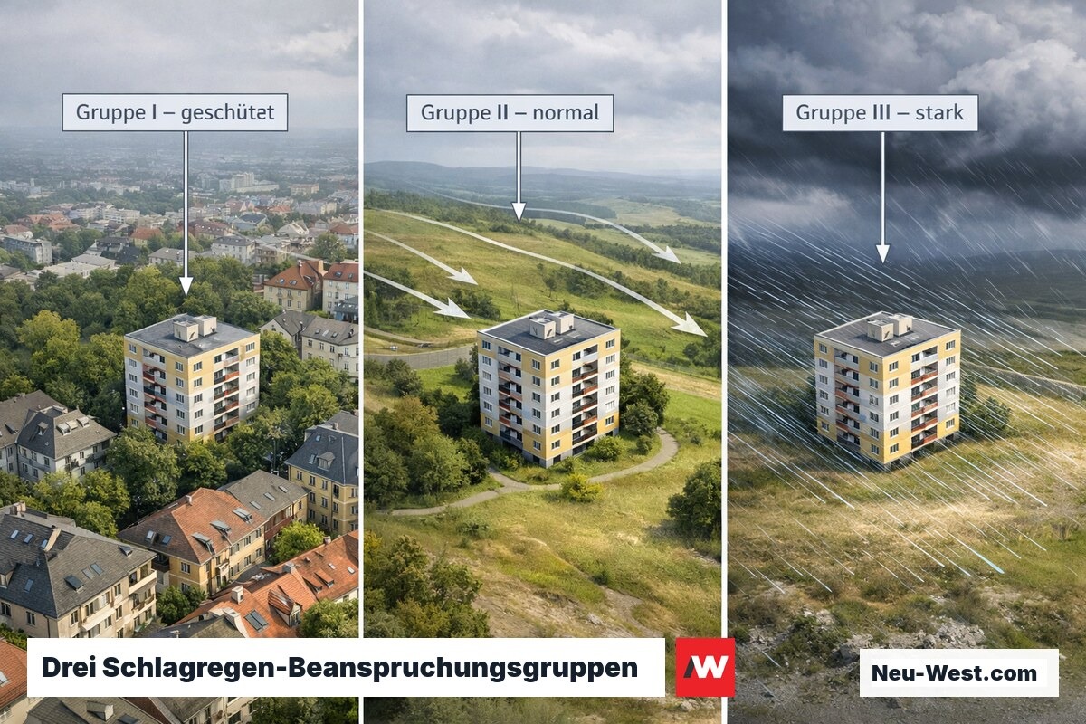 Drei Gebäude in unterschiedlichen Lagen zeigen die Schlagregen-Beanspruchungsgruppen I bis III nach DIN 4108-3