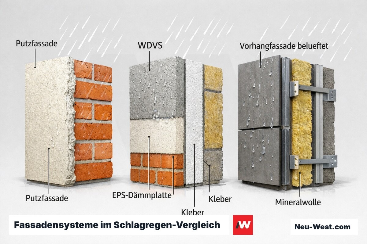 Querschnitt-Vergleich Putzfassade, WDVS und belüftete Vorhangfassade mit Darstellung des Feuchteabweisungsverhaltens