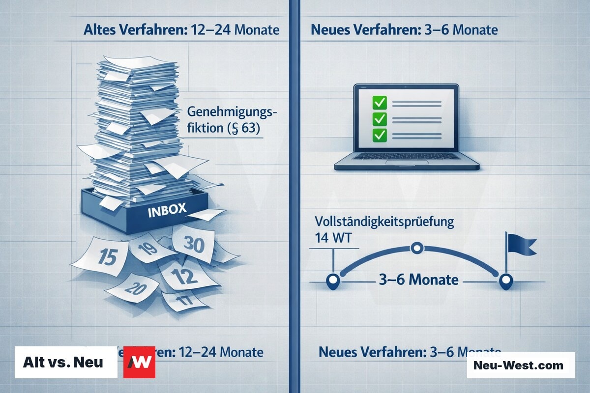 Vergleich alter und neuer Baugenehmigungsprozess in Berlin: links langer Papierstapel-Weg, rechts digitaler Schnellpfad mit 3-Monats-Fiktion