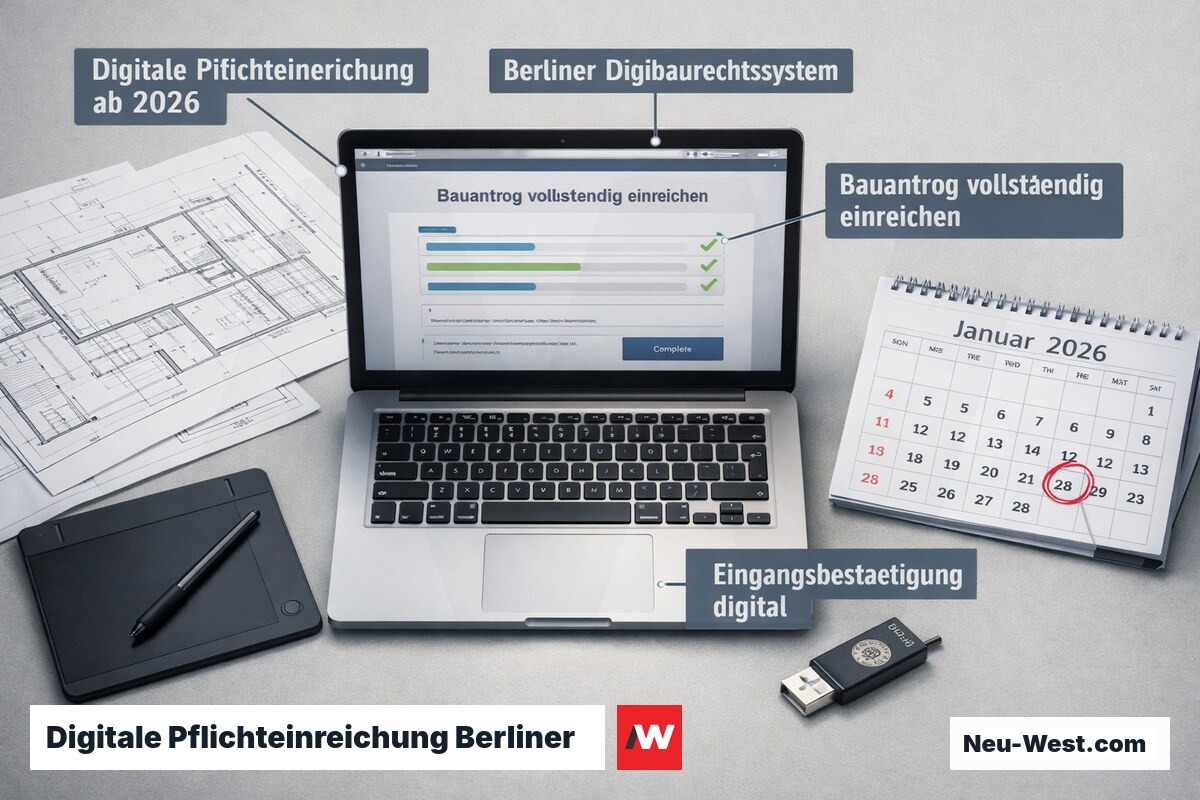Architekten-Schreibtisch mit Laptop und digitalem Bauantrags-Portal, Grundrisspläne und Kalender symbolisieren die digitale Pflichteinreichung ab 2026