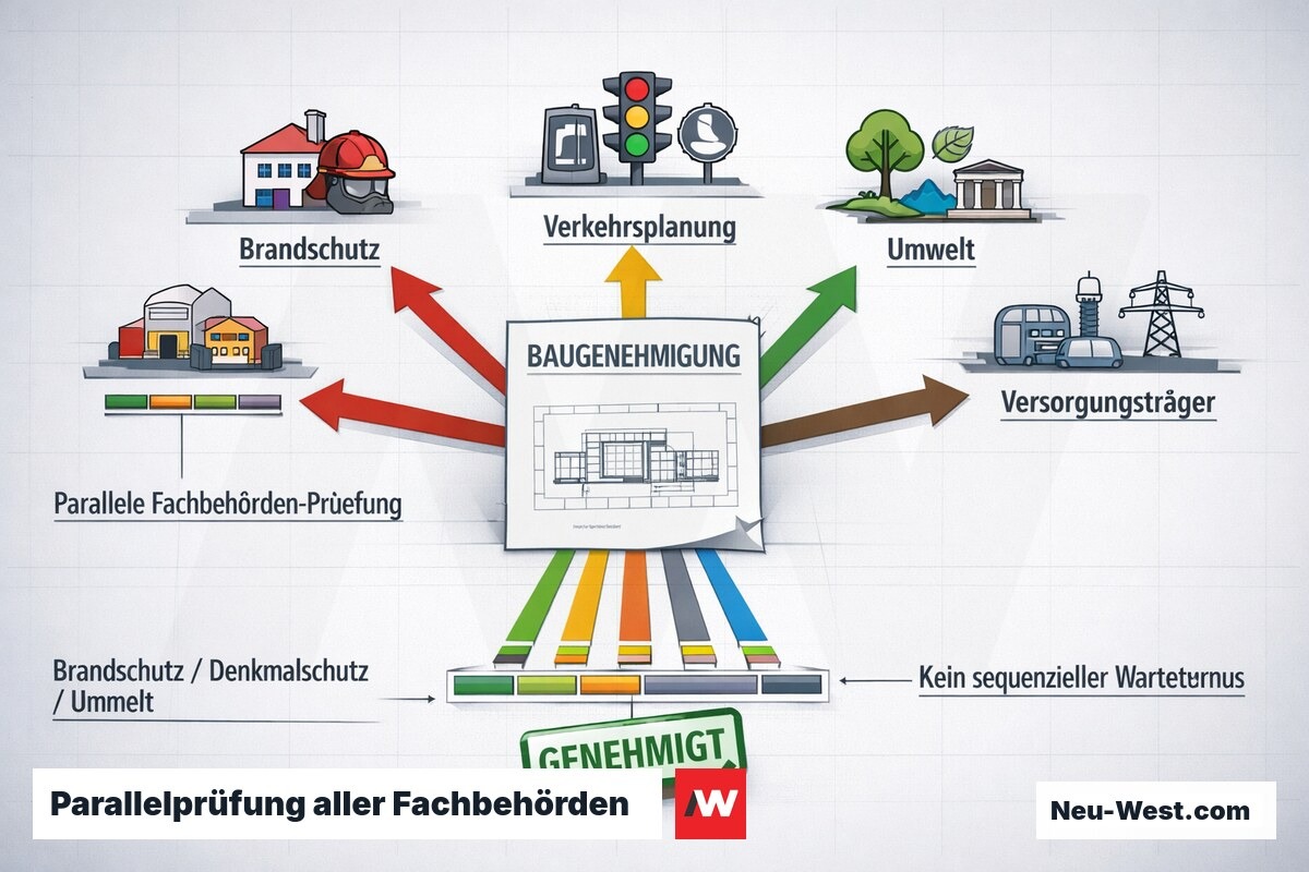 Diagramm zeigt zentralen Bauantrag mit fünf gleichzeitig prüfenden Fachbehörden, parallele Fortschrittsbalken symbolisieren zeitsparendes Verfahren na