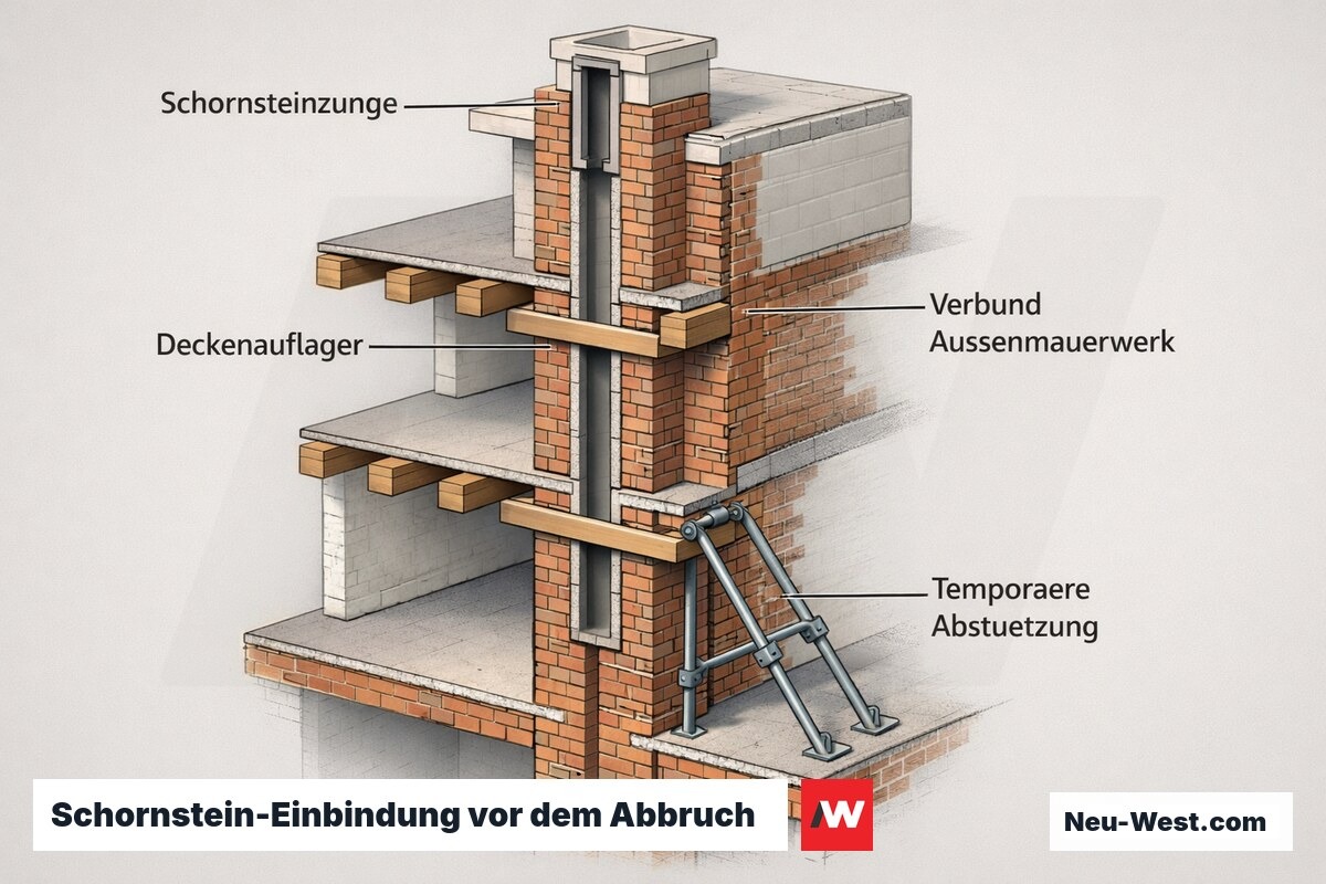 Querschnitt eines Altbau-Schornsteins mit Einbindung in Deckenauflager, Verbund zum Außenmauerwerk und temporärer Abstützung vor dem Abbruch.