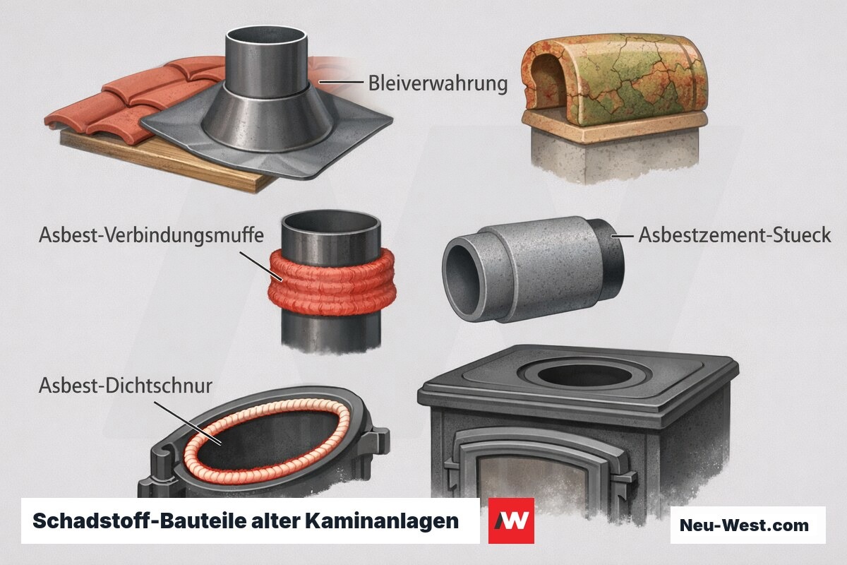 Erklär-Grafik: Schadstoffhaltige Bauteile in alten Kaminanlagen – Asbestmuffe, Dichtschnur, Asbestzement-Verbindung und Bleiverwahrung mit glasiertem Formstein.