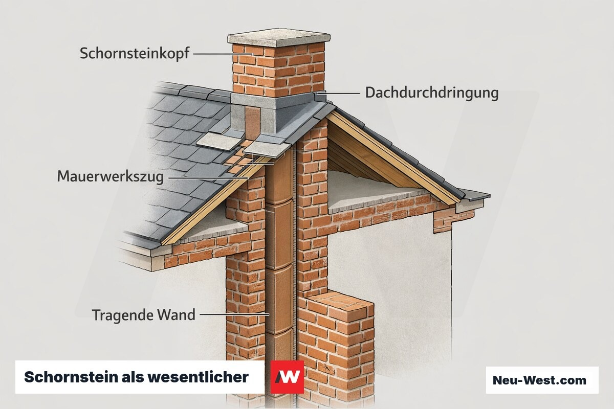 Querschnitt eines Berliner Altbau-Schornsteins mit Schornsteinkopf, Dachdurchdringung, Mauerwerkszug und tragender Wand als wesentlicher Gebäudebestandteil.