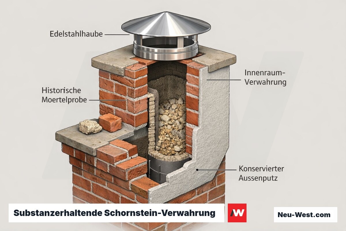 Querschnitt eines denkmalgeschützten Berliner Schornsteins mit Edelstahlhaube, entnommenen Mörtelproben, verwahrtem Innenraum und konserviertem Außenputz.