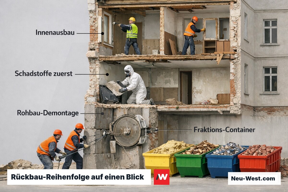 Selektiver Rückbau eines Gründerzeitgebäudes in Berlin mit stufenweiser Demontage von Schadstoffen, Ausbau und Rohbau