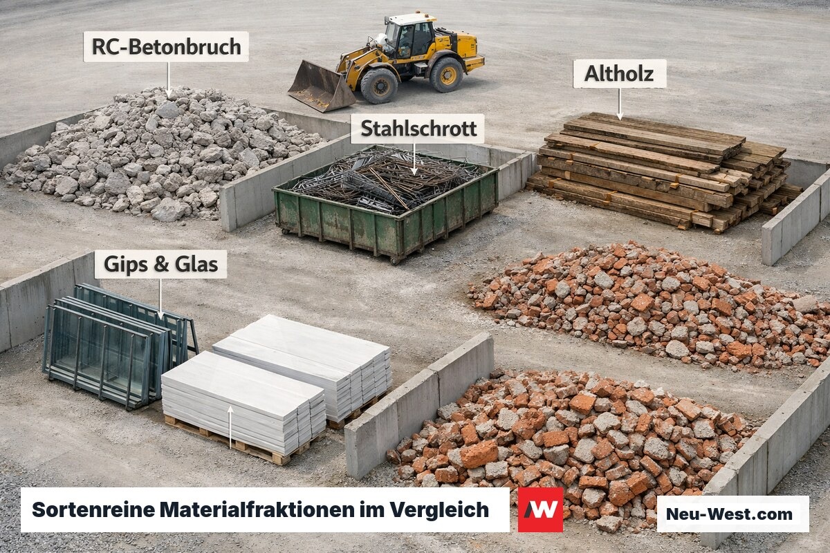 Sechs sortenrein getrennte Bauabfall-Fraktionen auf einem Berliner Rückbau-Sortierplatz: Beton, Stahl, Holz, Gips, Glas, Ziegel