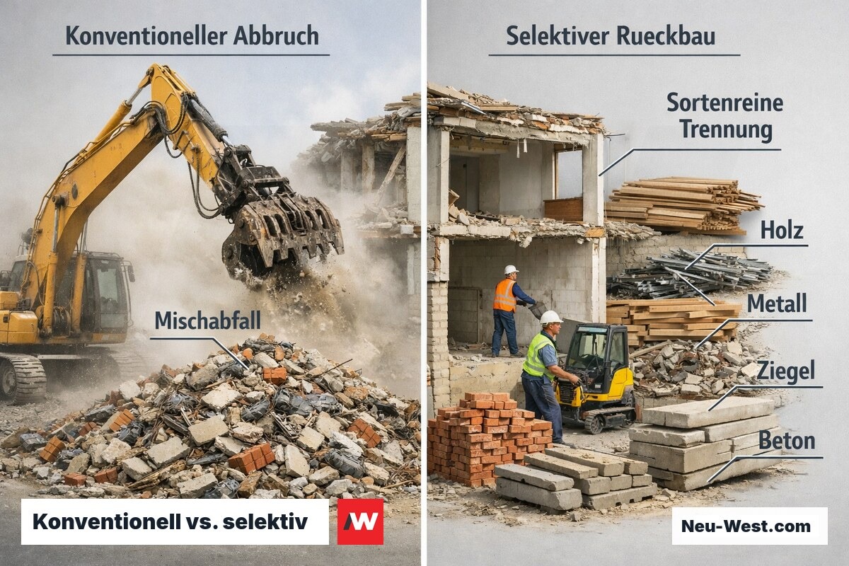 Direkter Vergleich: links Bagger-Komplettabriss mit Mischabfall, rechts selektiver Rückbau mit sortenreiner Materialtrennung